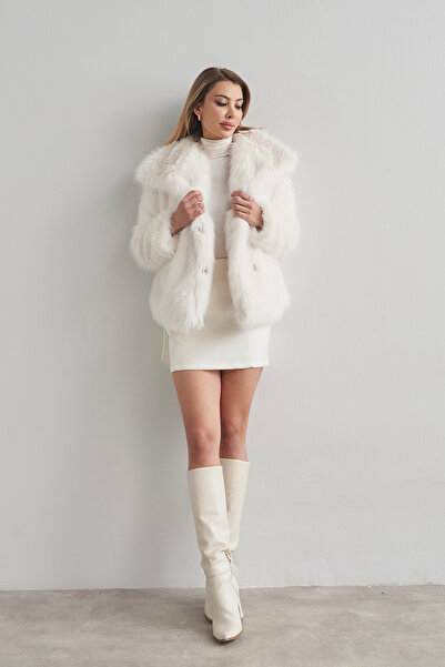 Rabia Çelik Weißer Premium Plüsch Damen Wintermantel