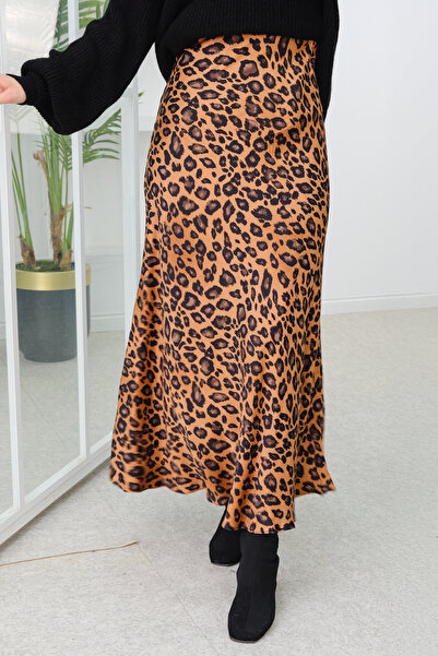 LOCCO Brown Satin Skirt - Leopard Print Women