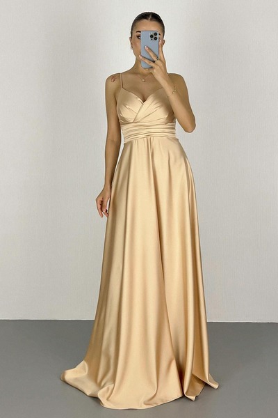Lafaba Γυναικείο χρυσό σχοινί λουράκι μέσης σατέν μακρύ βραδινό φόρεμα & φόρεμα επιστροφής στο σπίτι