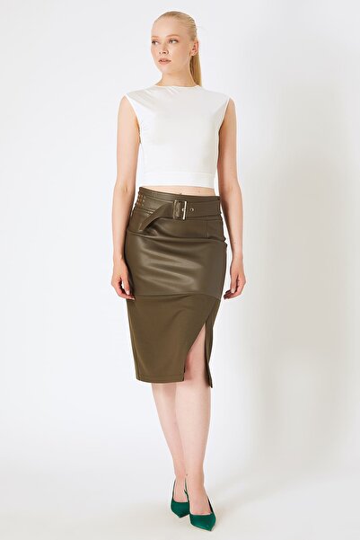 FEVER Yırtmaçlı Kemerli Suni Deri Etek