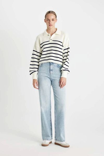 DeFacto Polo Neck Striped Relax Fit Knitwear Sweater - Half Button C4918Ax24Wn