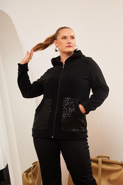 RMG Plus Size Black Fleece Cardigan - Rmg Sleeves, Pocket Sequins and Zipper Hoodie