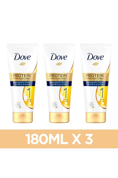 Dove Protein Super Conditioner, Keratin Repair For Damaged Hair, 10x Stronger Hair In 1 Min, 180ml X3
