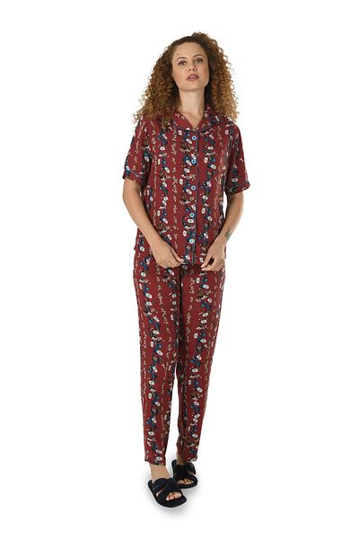 Jiber Set pijama cu guler jachetă cu nasturi țesute Bordeaux pentru femei 10136