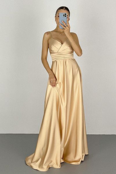 Lafaba Women's Gold Rope Strap Waist Belt Satin Long Evening Dress & Homecoming Dress