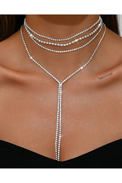 TakıConcept Gümüş Renk Taşlı Üçlü Choker Detaylı Uzun Kolye