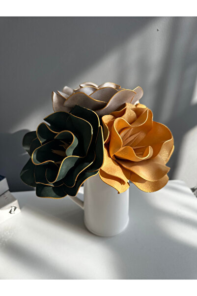 Luvienn El Yapımı Dekoratif Büyük 3 Adet Yapay Manolya-yeşil-dore-sarı Vazo Çiçeği