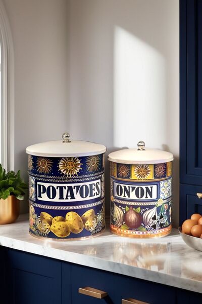 Arma House Gifted La Dolce Vita Sicily Inspired Navy Blue Metal Potato Onion Bucket & Crisper Basket 28*22-25