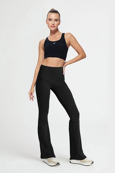 bilcee Peak Women's Black High Waist Pocket Spanish Leg Leggings Pants 7027