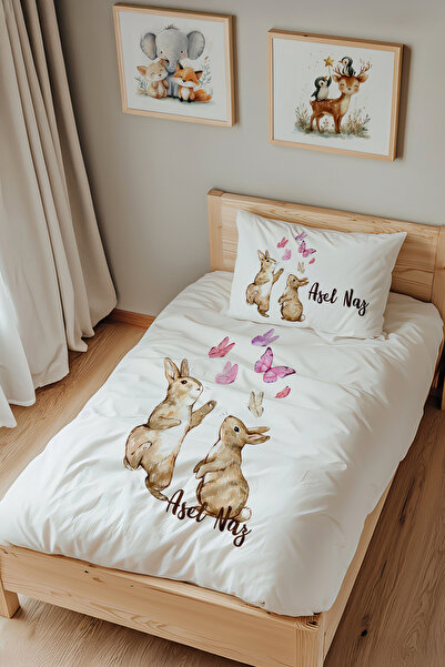 Lilabio İsme Özel Tek Kişilik %100 Pamuk Saten Nevresim Takımı (160X220 CM) T...