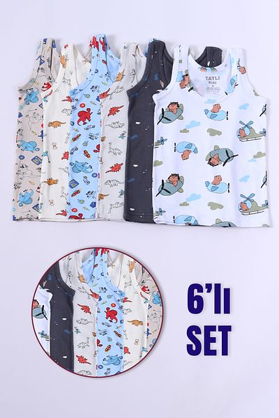 DK İÇ GİYİM Boy's Patterned Thick Strap Athlete Set of 6