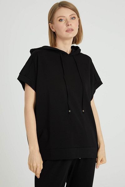 Two Mail Black Hooded Sweat Blouse