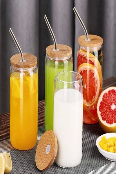 Rosemor 12-Piece Bamboo Lid Glass Cup with Straw Heat Resistant Borosilicate Coke Shaped Coffee Presentation Cup