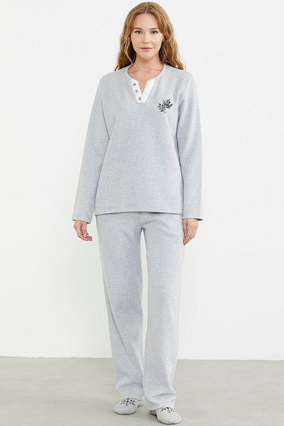 Sementa Set pijama gri - Detaliu guler cu nervuri