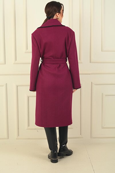 By Saygı Γυναικείο παλτό με ραφές Shepherd με τσέπες με ζώνη μέσης με επένδυση από κασμίρ