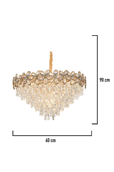 Apliqa Saral 60'lık Yuvarlak Gold Kristal Taşlı Modern Tasarım Salon Avize