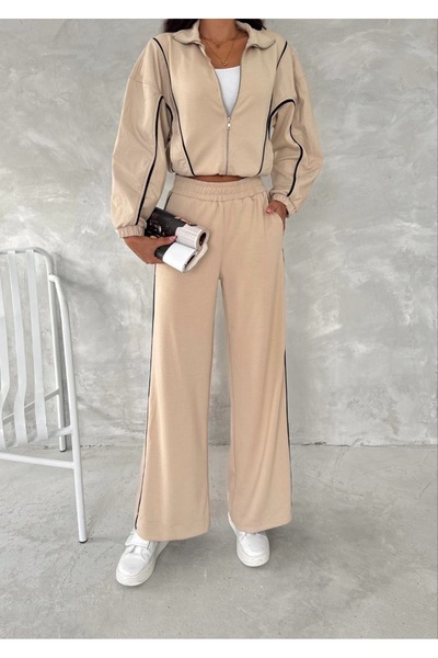 alieva Kadın bej renk fermuar kapalı beli lastikli bol paça ikili alt üst eşo...