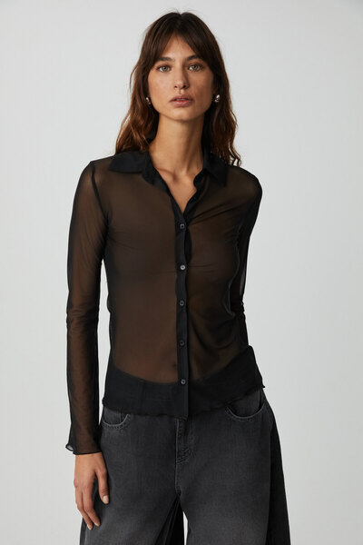 GRIMELANGE Caıtlın Kadın Tül Kumaşlı Transparan Slim Fit Vücüdu Saran Siyah Gömlek