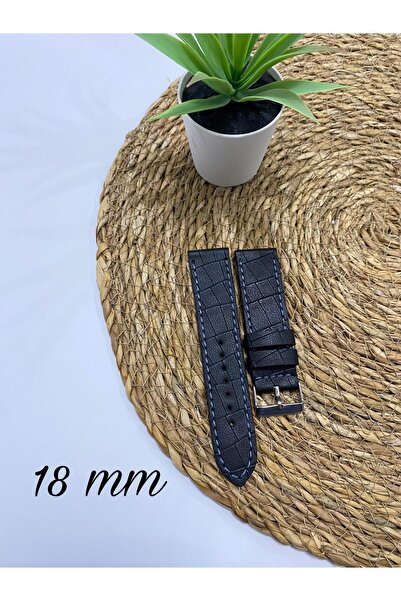 Prizma 18mm Siyah Croco Desen Mavi Dikiş Suni Deri Saat Kordonu. 18-20-22-24 ...