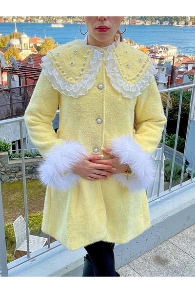 Madame Lucid معطف صوف فروي قابل للإزالة مع اللؤلؤ