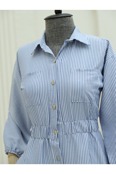 Modamorfo Pruhované šaty s elastickým pasem a knoflíky -navy