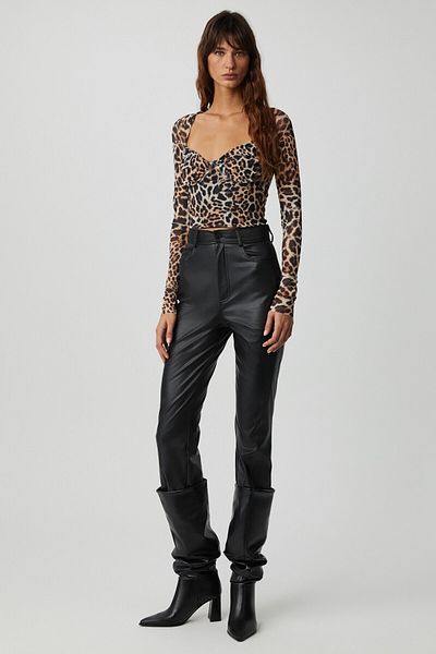 GRIMELANGE LILY Damen-Bluse aus Tüll, Netzstoff, doppellagig, herzförmiger Ausschnitt, Brustkörbchen, Leopardenmuster