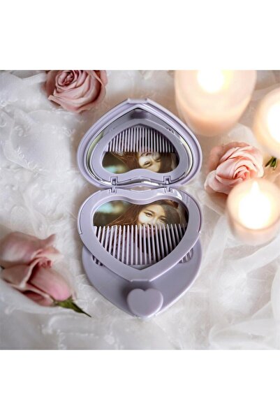 ÇERÇİ MELEK Taraklı Fotoğraf Koyulabilen Kapaklı Kalp Şeklinde Küçük Çanta Aynası