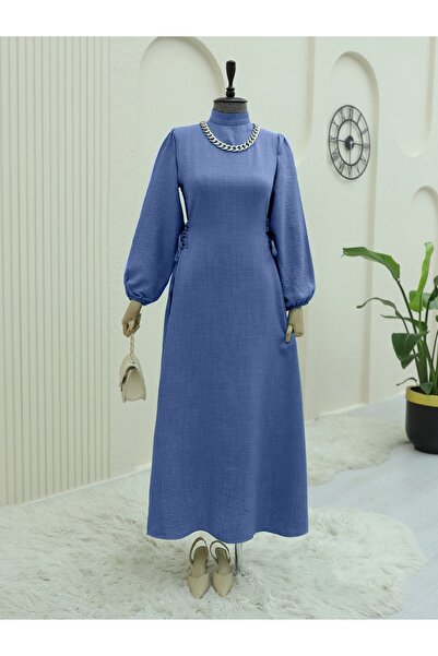 Modamorfo Stand Collar Long Dress with Lace Sides -Indigo