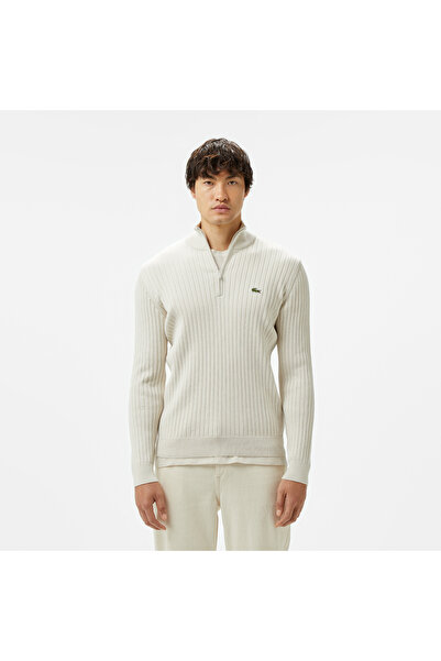 Lacoste Erkek Relaxed Fit Yarım Fermuarlı Çizgili Krem Triko