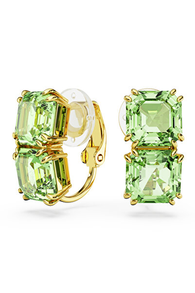 Swarovski Millenia Klipsli Küpeler, Kare kesim, Yeşil, Altın rengi kaplama