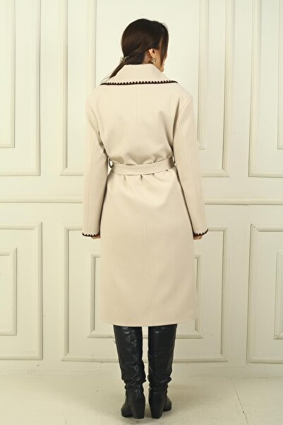 By Saygı Γυναικείο παλτό με ραφές Shepherd με τσέπες με ζώνη μέσης με επένδυση από κασμίρ