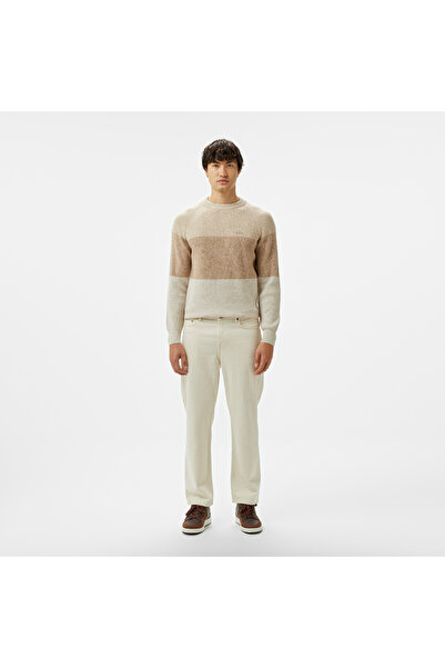 Lacoste Erkek Relaxed Fit Bisiklet Yaka Renk Bloklu Bej Kazak