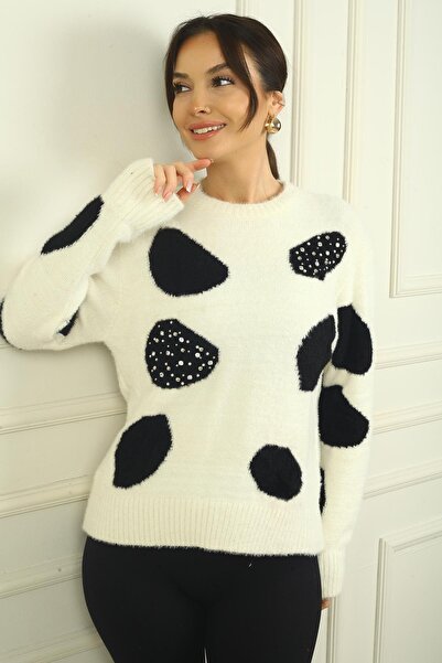 By Saygı Women's Pearl Detailed Dalmatian Soft Sweater