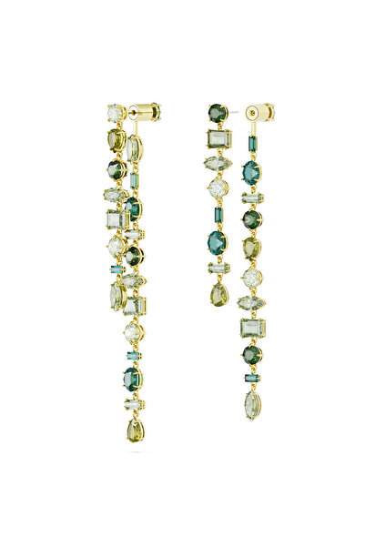 Swarovski Gema damla küpeler, Asimetrik tasarım, Karışık kesimler, Ekstra uzun, Yeşil, Altın rengi kaplama