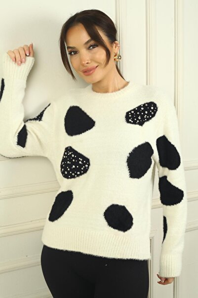 By Saygı Women's Pearl Detailed Dalmatian Soft Sweater