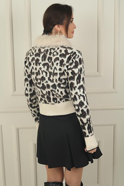 By Saygı Women's Front Ribbon Lace-Up Leopard Pattern Fur Collar Cardigan