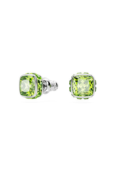 Swarovski Birthstone düğme Küpeler, Kare kesim, Ağustos, Yeşil, Rodyum kaplama