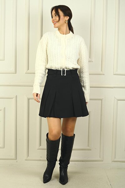By Saygı Women's Waist Belted Pleated Short Skirt