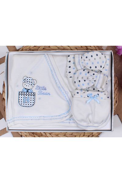 Şanbebe Burtaç Outlet - 100% Cotton 5-Piece Bodysuit Newborn Hospital Discharge Set Blue 305011