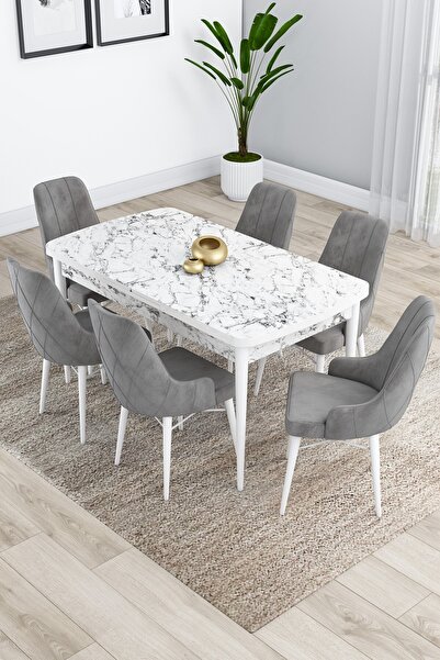 Canisa Kar Serisi 80x132 Açılabilir Mdf Beyaz Mermer Desenli Mutfak Masası Ta...