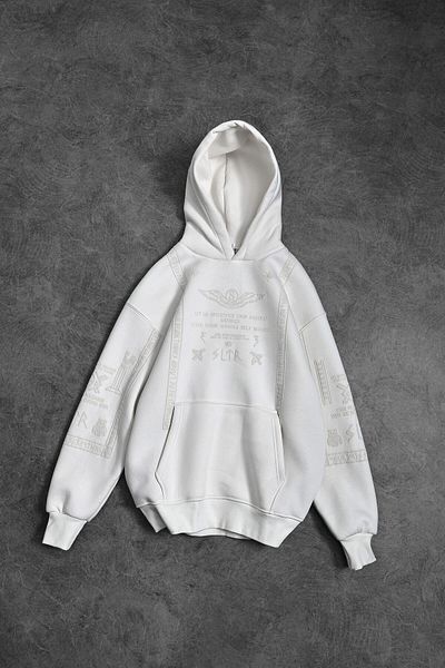 Slatra Men's White Embossed Print Hooded Oversize Sweatshirt