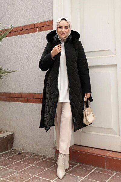 dk denemekabini Γυναικείο παλτό με κουκούλα Nova με λεπτομέρεια ζώνης - Μαύρο