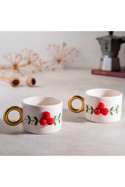 Ayda Seramik El Yapımı Seramik Kokina 2'li Kahve Kupası Yılbaşı Temalı
