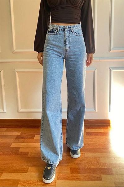 WODDİ Duryn Pamela Women High Waist Blue Snow Wash Wide Leg Lycra Palazzo Jeans Pants