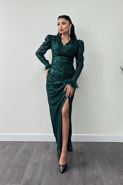 giyimmasalı Emerald Green Sequined Otrish Detailed Evening Dress