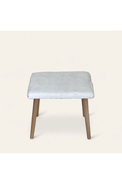 Taşkale Gürgen Ahşap Retro Ayak Dekoratif Beyaz Pelüş Puf Tabure Bench Koltuk Sandalye