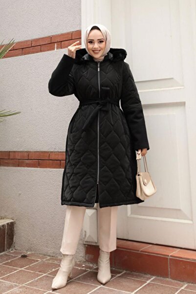 dk denemekabini Γυναικείο παλτό με κουκούλα Nova με λεπτομέρεια ζώνης - Μαύρο
