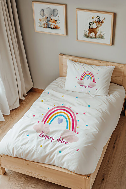 Lilabio İsme Özel Tek Kişilik %100 Pamuk Nevresim Takımı (160X220 CM) Gökkuşağı