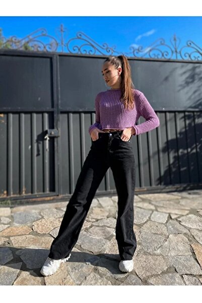 mooishan Pamela Jeans Γυναικείο Μαύρο Υψηλόμεσο Lycra Palazzo Τζιν Παντελόνι ...