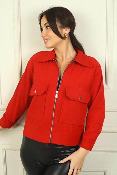 By Saygı Palton scurt pentru femei, cu fermoar în față, cu buzunar